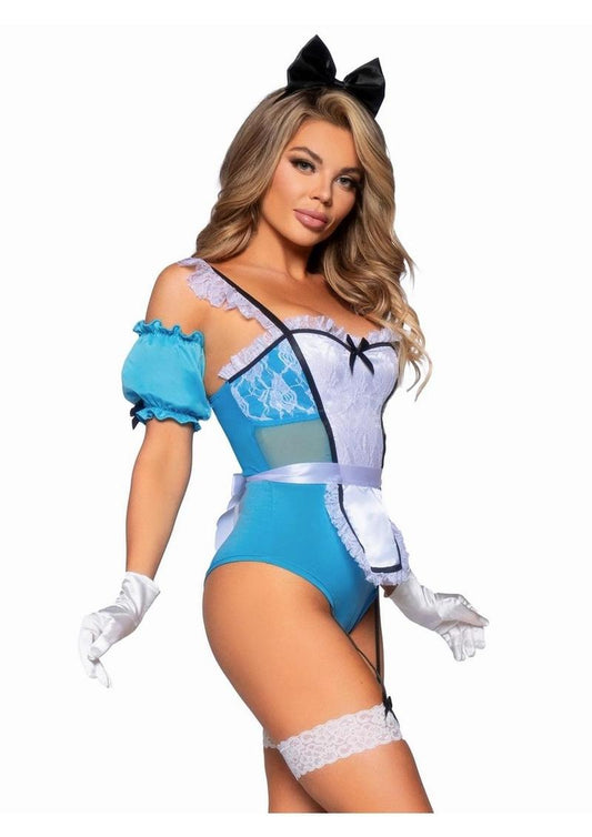 Curious Miss Alice Lace Trimmed Garter Bodysuit with Sheer Panels, Puff Sleeves, Apron, and Bow Headband - Its Cassidy Bybee