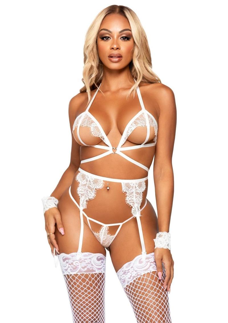 Eyelash Lace Cage Strap Open Cup Bra with Heart Ring Accent, Garter Belt, G - String Panty and Wrist Cuffs - Its Cassidy Bybee