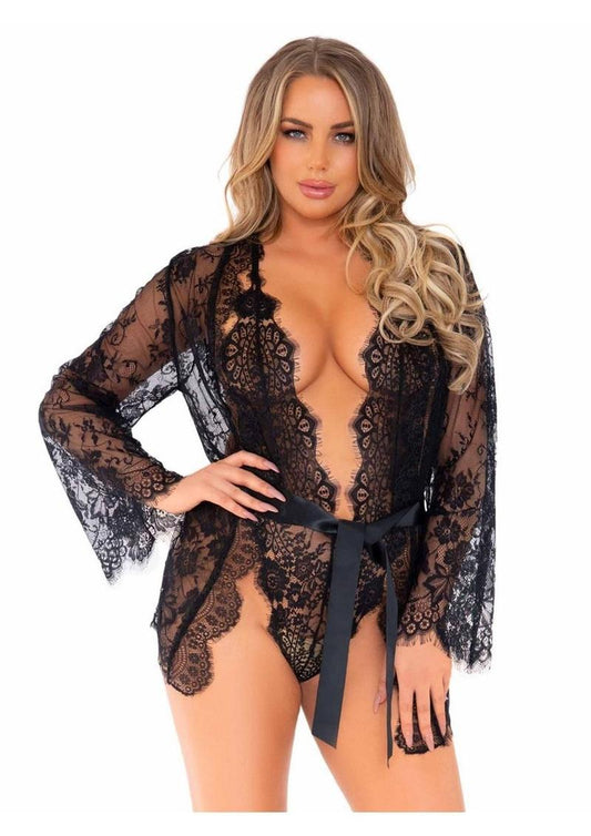 Floral Lace Teddy with Cheeky Thong Back Matching Lace Robe with Scalloped Trim and Satin Tie - Its Cassidy Bybee