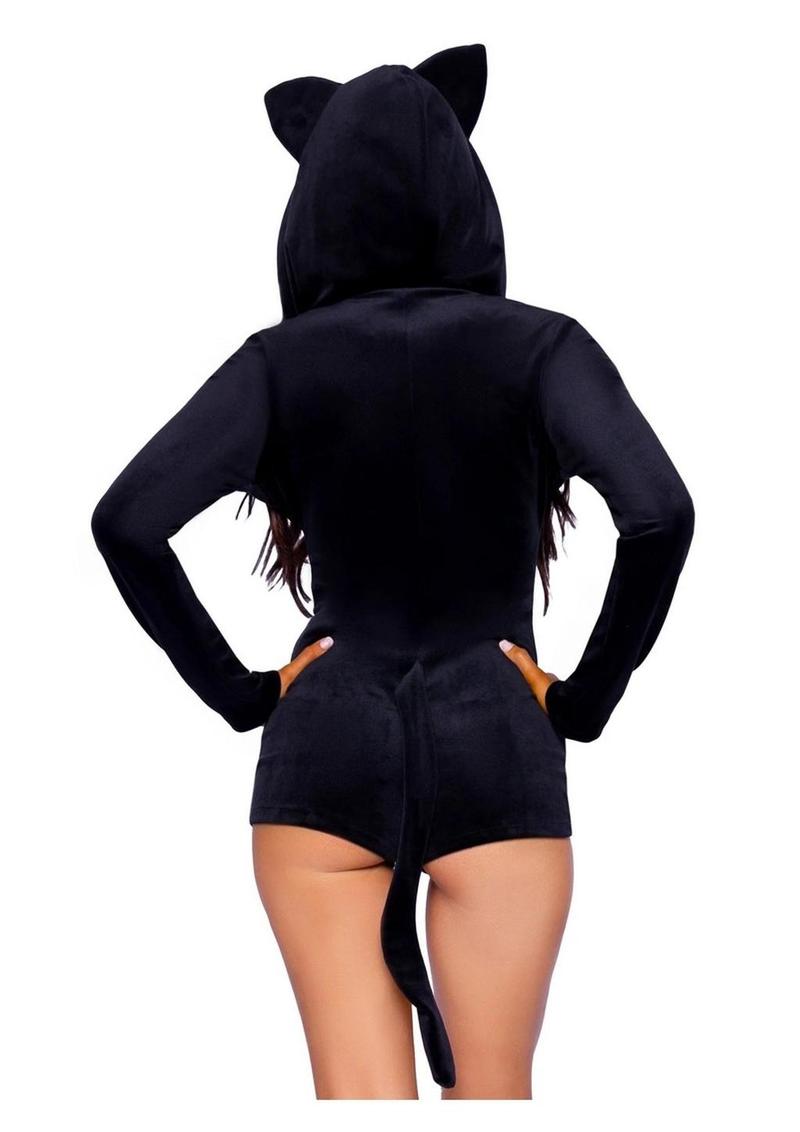 Comfy Cat Ultra-Soft Velvet Plush Zip Up Romper with Bell Zipper Pull, Ear Hood, and Kitty Tail