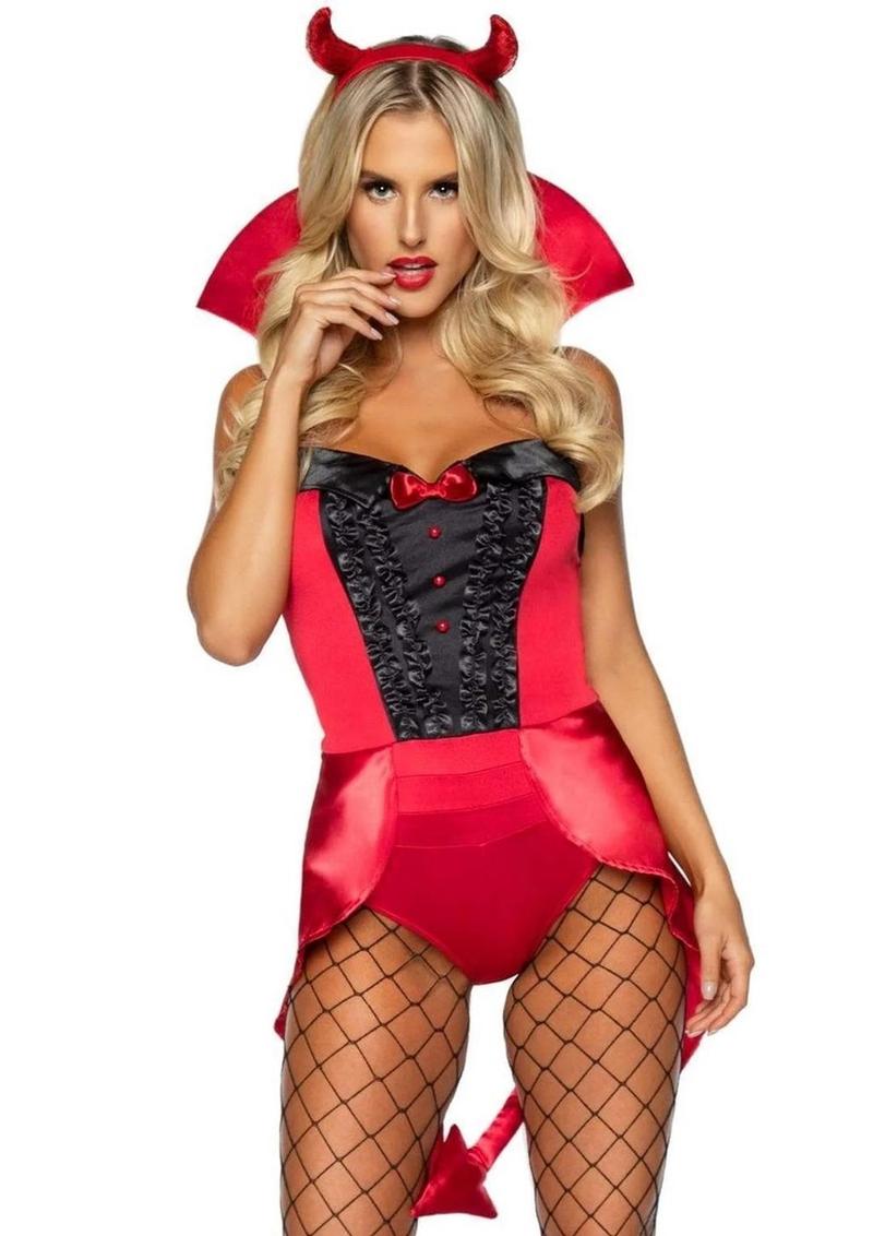 Devilish Darling Tux and Tails Bodysuit with Stay Up Collar, Pin-On Devil Tail, and Sequin Devil Horn Headband