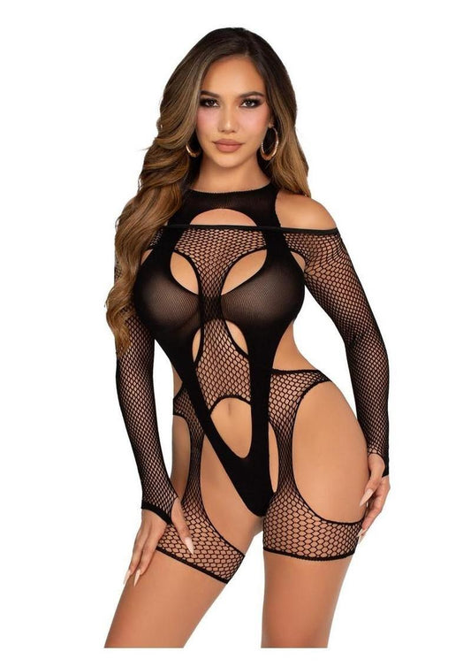 Leg Avenue Off - The - Shoulder Fishnet Garter Harness and Layered Opaque Cut - Out Teddy - Its Cassidy Bybee