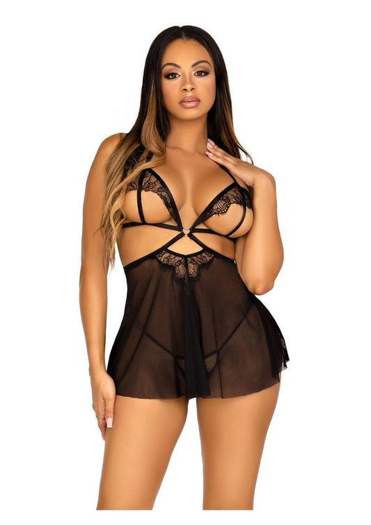 Leg Avenue Open Cup Eyelash Lace and Mesh Babydoll with Heart Ring Accent and Matching Panty - Its Cassidy Bybee