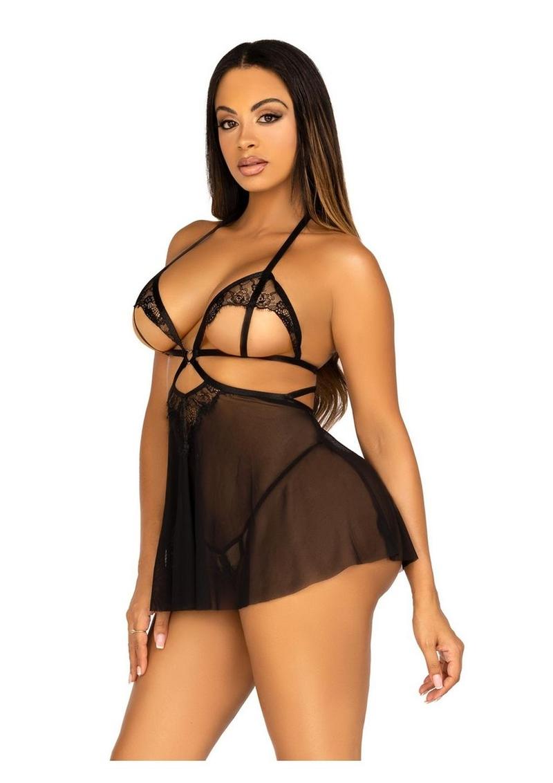 Leg Avenue Open Cup Eyelash Lace and Mesh Babydoll with Heart Ring Accent and Matching Panty - Its Cassidy Bybee