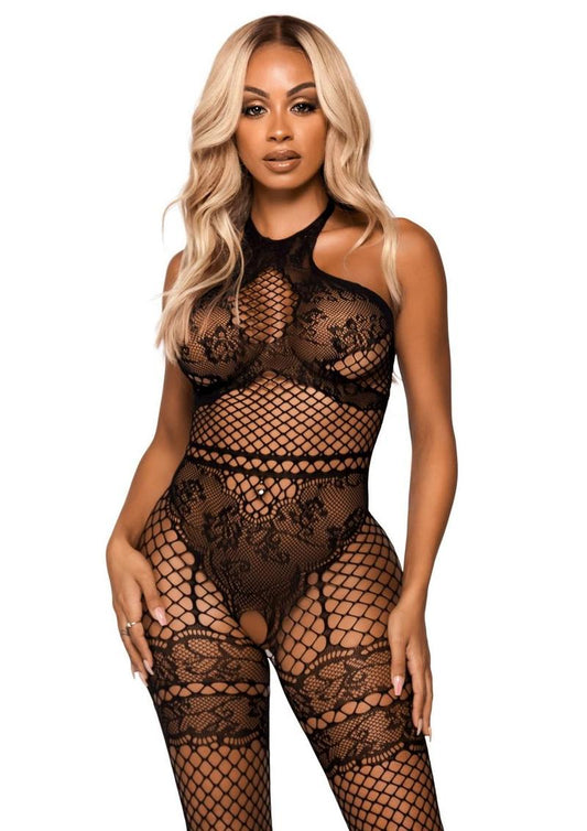 Seamless Industrial Net Halter Bodystocking with Faux Lace Lingerie Detail - Its Cassidy Bybee
