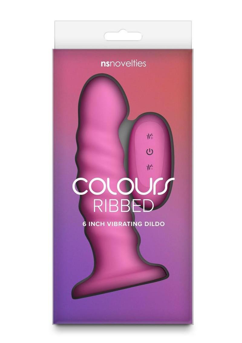 Colours Ribbed Rechargeable Silicone Vibrating Dildo with Remote Control - Pink - 6in