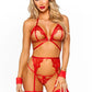 Eyelash Lace Cage Strap Open Cup Bra with Heart Ring Accent, Garter Belt, G - String Panty and Wrist Cuffs - Its Cassidy Bybee