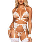 Eyelash Lace Cage Strap Open Cup Bra with Heart Ring Accent, Garter Belt, G - String Panty and Wrist Cuffs - Its Cassidy Bybee
