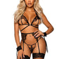 Eyelash Lace Cage Strap Open Cup Bra with Heart Ring Accent, Garter Belt, G - String Panty and Wrist Cuffs - Its Cassidy Bybee