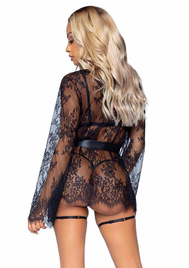 Eyelash Lace Garter Teddy with G - String Back and Adjustable Straps, Lace Robe and Ribbon Tie - Its Cassidy Bybee
