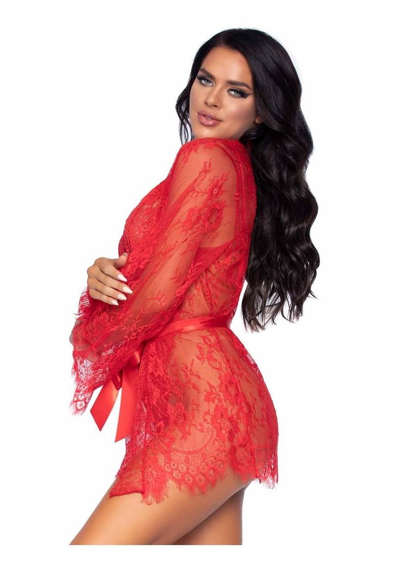 Floral Lace Teddy with Cheeky Thong Back Matching Lace Robe with Scalloped Trim and Satin Tie - Its Cassidy Bybee
