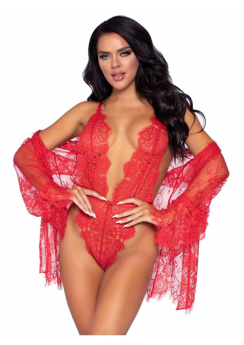 Floral Lace Teddy with Cheeky Thong Back Matching Lace Robe with Scalloped Trim and Satin Tie - Its Cassidy Bybee