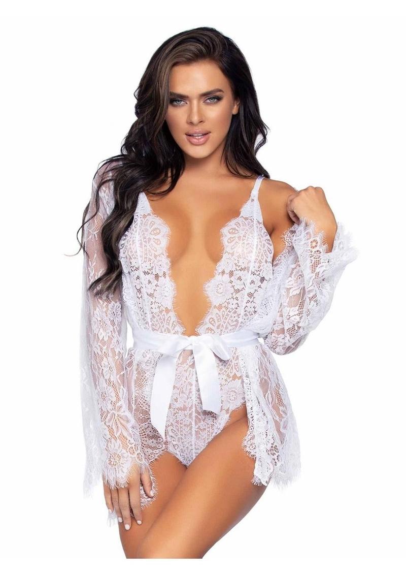 Floral Lace Teddy with Cheeky Thong Back Matching Lace Robe with Scalloped Trim and Satin Tie - Its Cassidy Bybee