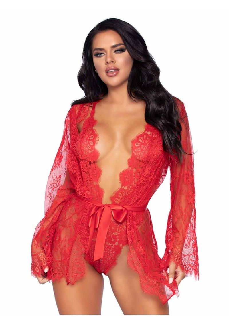 Floral Lace Teddy with Cheeky Thong Back Matching Lace Robe with Scalloped Trim and Satin Tie - Its Cassidy Bybee