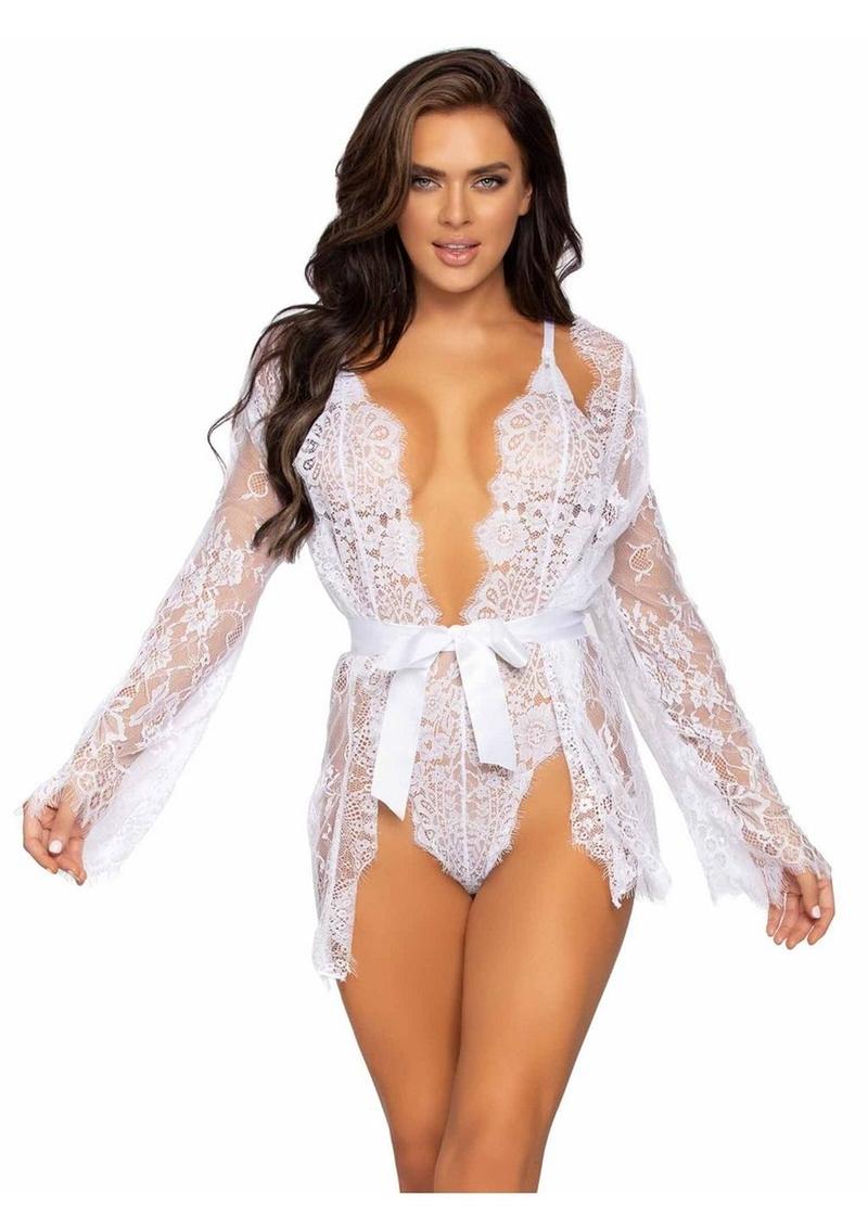 Floral Lace Teddy with Cheeky Thong Back Matching Lace Robe with Scalloped Trim and Satin Tie - Its Cassidy Bybee