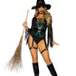 Broomstick Babe Bodysuit with Lace Up Deep-V and Waist Cincher Buckle Accent, Attached Garters, and Witch Hat