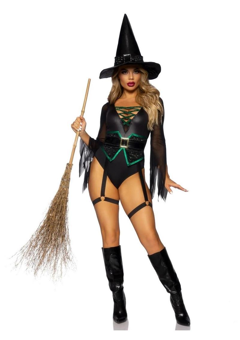 Broomstick Babe Bodysuit with Lace Up Deep-V and Waist Cincher Buckle Accent, Attached Garters, and Witch Hat