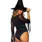Broomstick Babe Bodysuit with Lace Up Deep-V and Waist Cincher Buckle Accent, Attached Garters, and Witch Hat