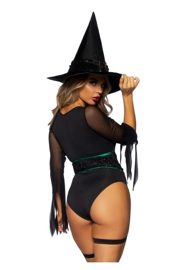 Broomstick Babe Bodysuit with Lace Up Deep-V and Waist Cincher Buckle Accent, Attached Garters, and Witch Hat