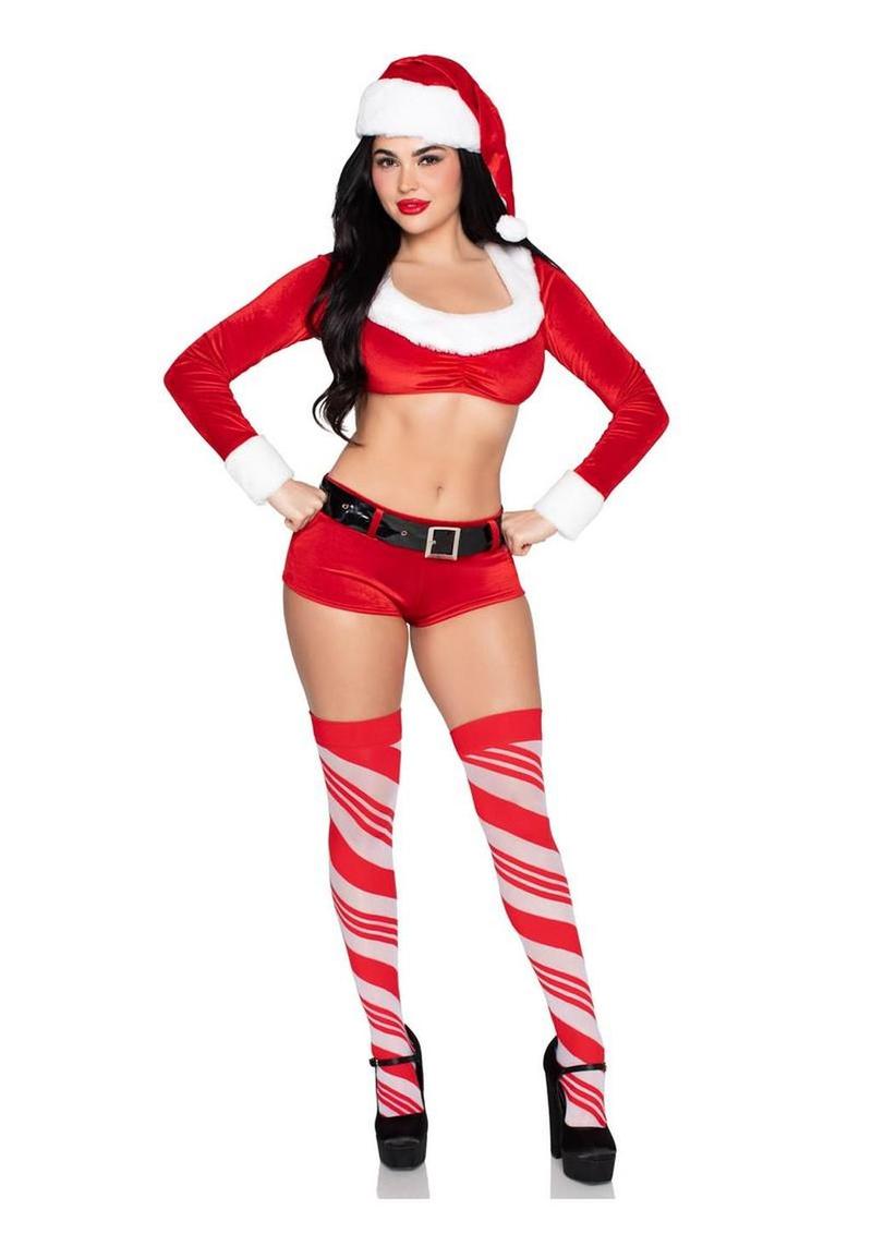 Christmas Cutie Costume, Velvet Crop Top with Faux Fur Trim, Shorts, Belt and Santa Hat