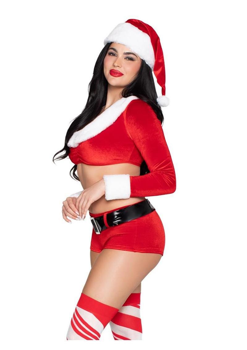 Christmas Cutie Costume, Velvet Crop Top with Faux Fur Trim, Shorts, Belt and Santa Hat