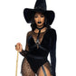 Leg Avenue Crafty Witch Snap Crotch Velvet Bodysuit with Distressed Net and Attached Garter, Choker Body Harness, and Matching Velvet Witch Hat - Black - Small - 3 Piece