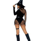 Crafty Witch Snap Crotch Velvet Bodysuit with Distressed Net and Attached Garter, Choker Body Harness, and Matching Velvet Witch Hat
