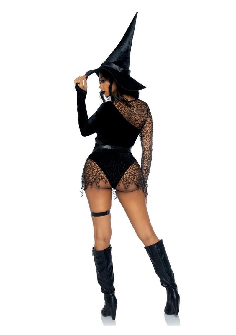 Crafty Witch Snap Crotch Velvet Bodysuit with Distressed Net and Attached Garter, Choker Body Harness, and Matching Velvet Witch Hat