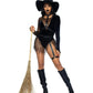 Crafty Witch Snap Crotch Velvet Bodysuit with Distressed Net and Attached Garter, Choker Body Harness, and Matching Velvet Witch Hat