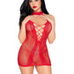 Leg Avenue Dotted Net and Lace Halter Mini Dress with Faux Lace-Up Open Back - Red - One Size