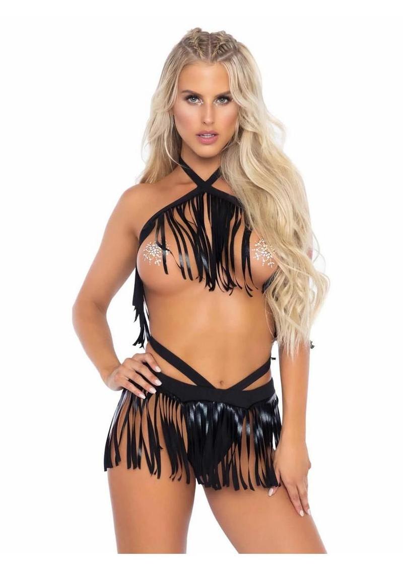 Leg Avenue Fringe Halter Top and Matching Bikini Bottoms - Black - Large/Medium - 2 Piece