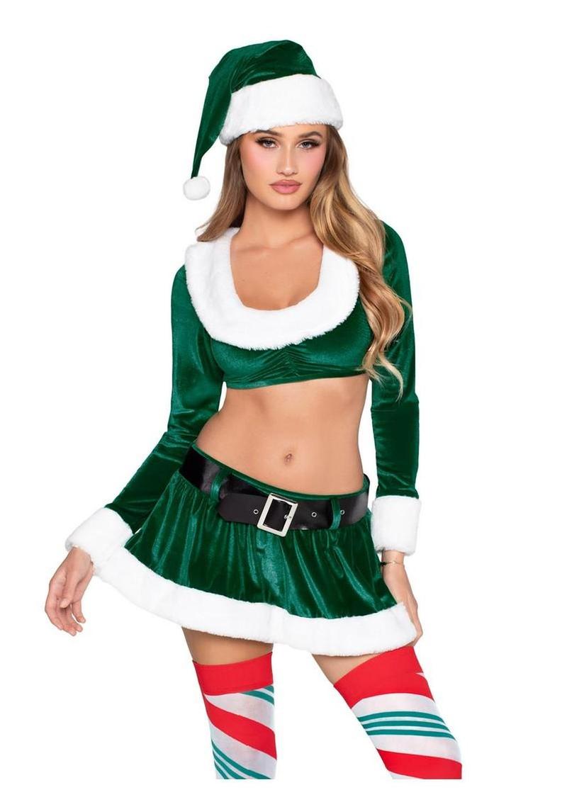 Leg Avenue Hoho Hottie, Velvet Crop Top with Faux Fur Trim, Mini Skirt, Belt and Santa Hat - Green/White - Large - 4 Piece