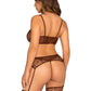 Lace Bra Top with Mini Bow Detail, V-Front G-String, and Garter Belt Stockings - Cocoa