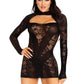 Leg Avenue Lace Keyhole Mini Dress with Opaque Panel Detailing and Gloved Sleeves - Black - One Size
