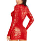 Leg Avenue Lace Keyhole Mini Dress with Opaque Panel Detailing and Gloved Sleeves - Red - One Size