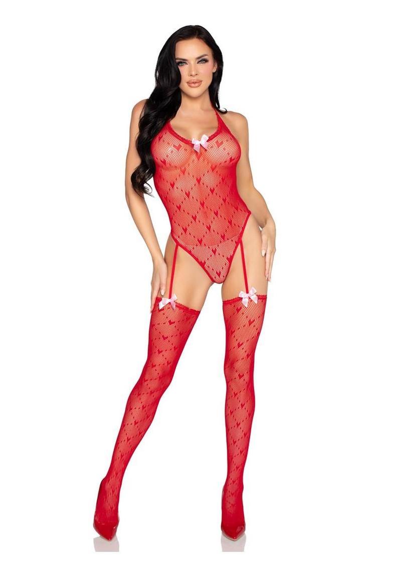 Mini Heart Trimmed Heart Net Teddy with Attached Stockings