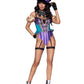 Mischievous Mad Hatter Garter Bodysuit with Strappy Deep-V and Puff Sleeves, Bow Collar, and Mad Hatter Hat