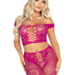 Leg Avenue Net and Lace Off-The-Shoulder Crop Top and Footless Tights - Magenta - One Size - 2 Piece