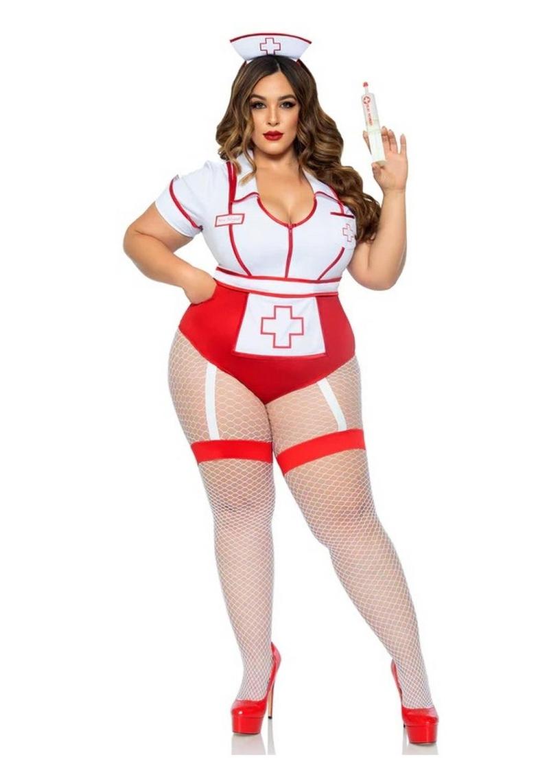 Nurse Feelgood Snap Crotch Garter Bodysuit with Attached Apron and Hat Headband