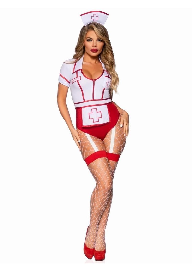 Nurse Feelgood Snap Crotch Garter Bodysuit with Attached Apron and Hat Headband