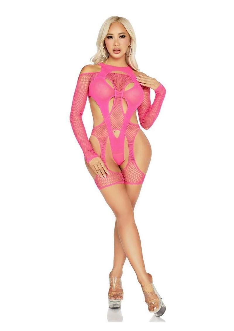 Leg Avenue Off - The - Shoulder Fishnet Garter Harness and Layered Opaque Cut - Out Teddy - Its Cassidy Bybee