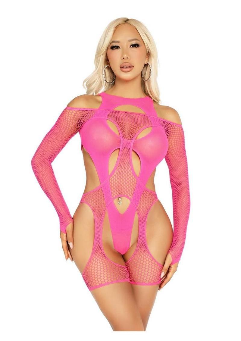 Leg Avenue Off - The - Shoulder Fishnet Garter Harness and Layered Opaque Cut - Out Teddy - Its Cassidy Bybee
