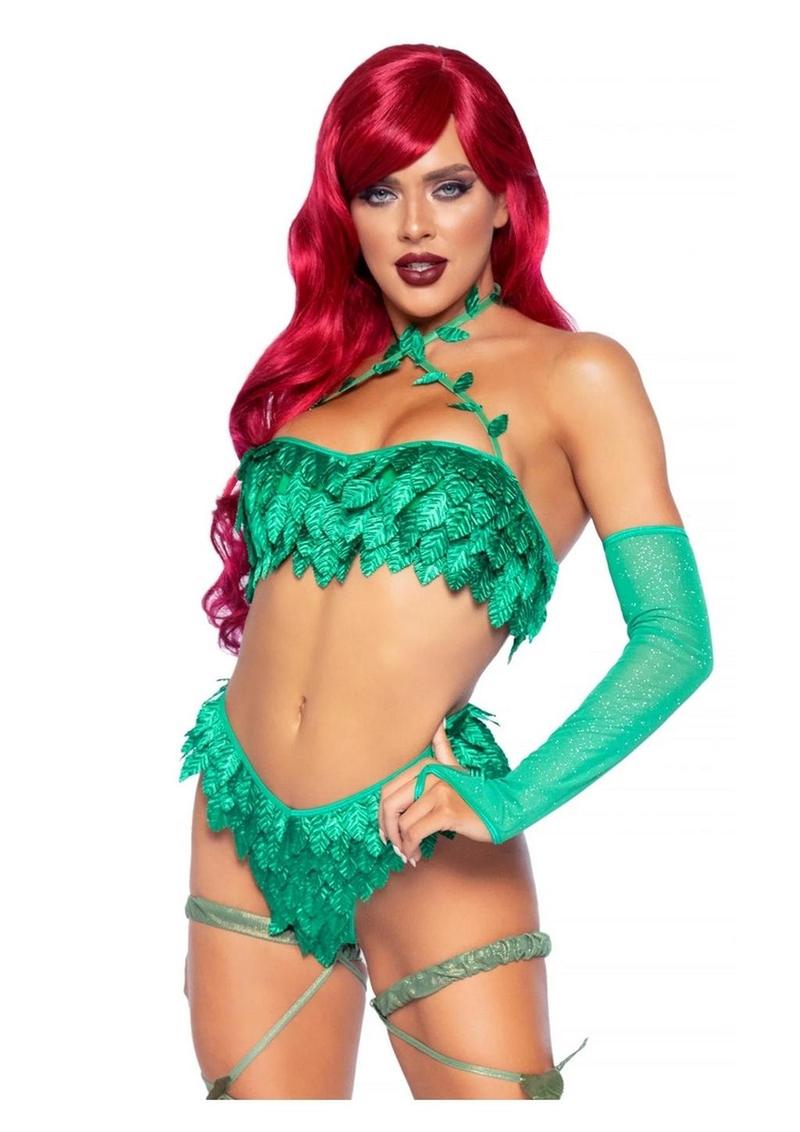 Poison Temptress Leafy Halter Top with Corset Lace Up Back, Leafy Panty, and Sleeves