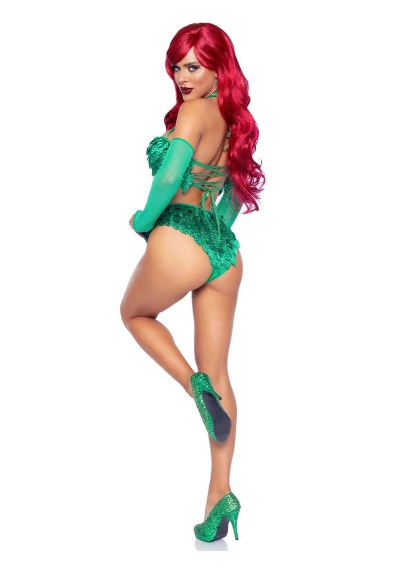 Poison Temptress Leafy Halter Top with Corset Lace Up Back, Leafy Panty, and Sleeves