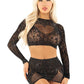 Leg Avenue Rhinestone Lace and Net Crop Top with Heart Keyhole Detail and Mini Skirt - Black - One Size - 2 Piece