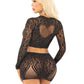 Rhinestone Lace and Net Crop Top with Heart Keyhole Detail and Mini Skirt