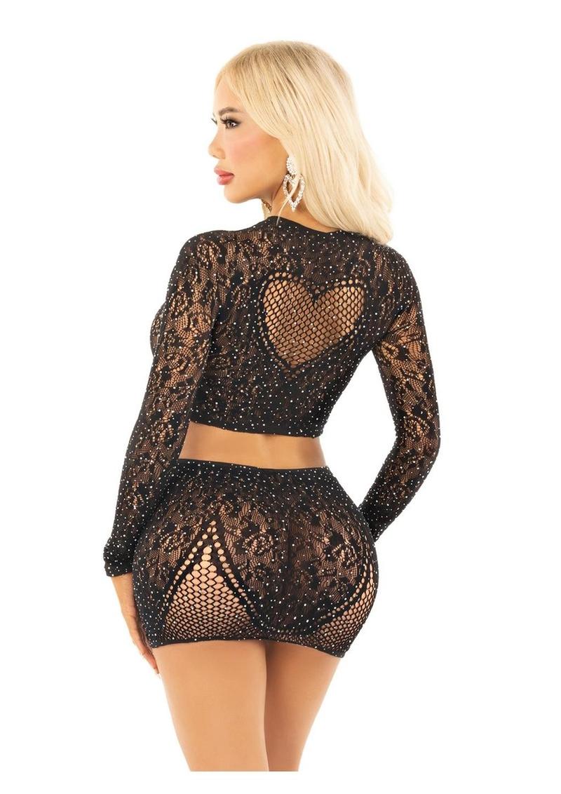 Rhinestone Lace and Net Crop Top with Heart Keyhole Detail and Mini Skirt