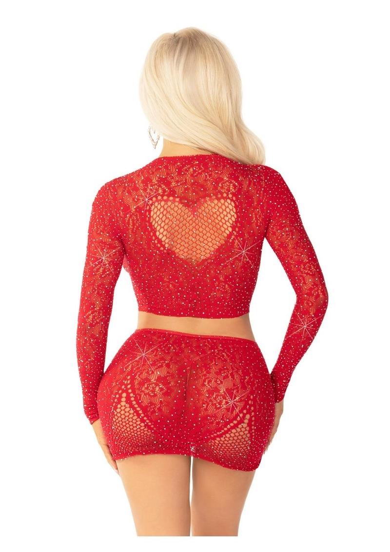 Rhinestone Lace and Net Crop Top with Heart Keyhole Detail and Mini Skirt