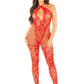 Seamless Net and Lace Lingerie Jumpsuit with Keyhole Crossover Halter