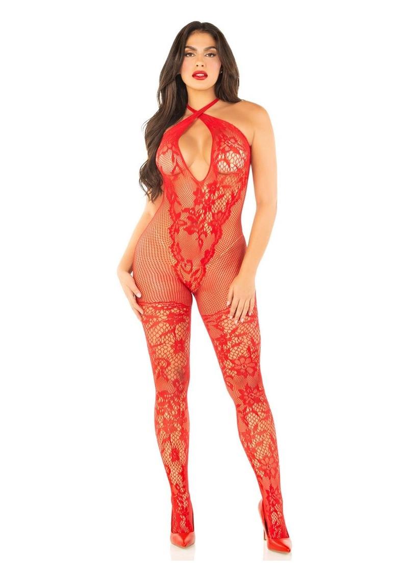 Seamless Net and Lace Lingerie Jumpsuit with Keyhole Crossover Halter
